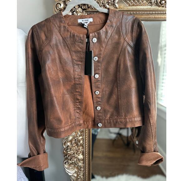 RE/DONE Leather-Like Brown Tailored Seam Cropped Jacket Small NEW NWT